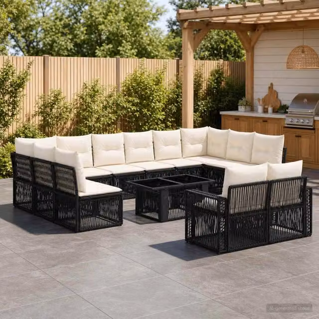 Set Divano da Giardino vidaXL a forma a U in Polyrattan con Tavolino in Vetro, 13 Pezzi, Nero e Bianco – 1