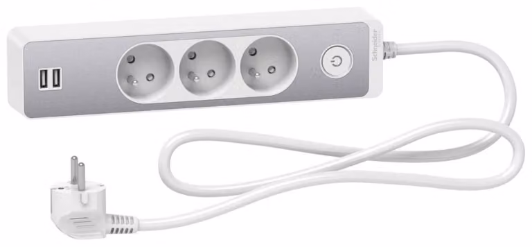 Ciabatta multipresa da 3 prese con 2 porte USB, lunghezza 1,5 metri, colore bianco e alluminio spazzolato, modello ST933U1WA