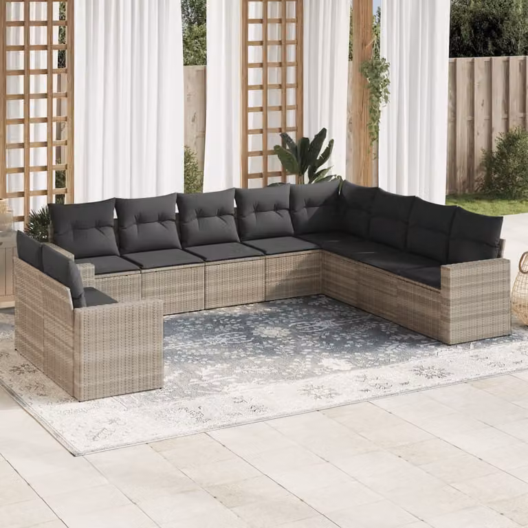 Set Divano da Giardino a L vidaXL 10 pz in Polyrattan Grigio con Cuscini Imbottiti e Coperture Rimovibili