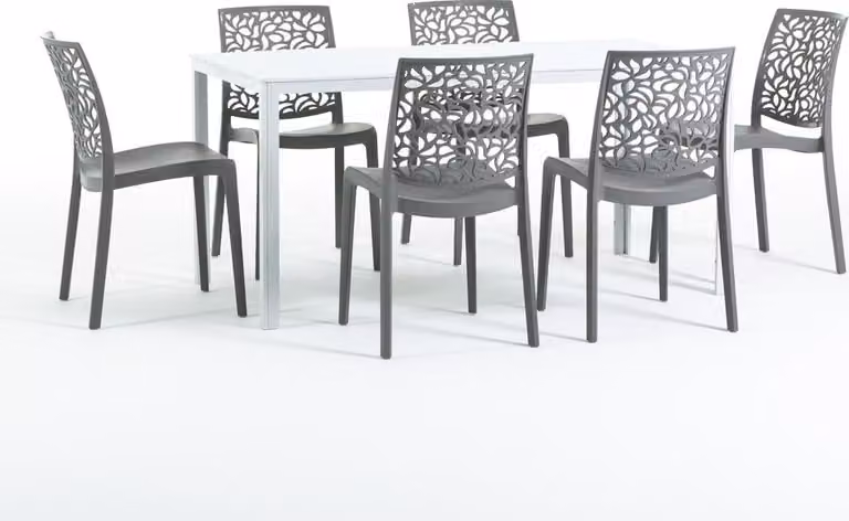 Set da pranzo per esterni con tavolo rettangolare 156x78 cm e 6 sedie impilabili in resina rinforzata con fibra di vetro - design moderno in look legno, ideale per giardino, terrazza e aree esterne coperte - THOMAS+ANNA - Grigio scuro/bianco