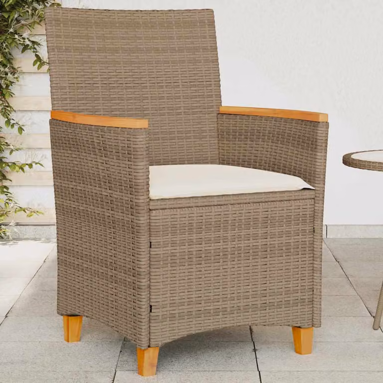 Set di 2 sedie da giardino vidaXL in polyrattan e legno di acacia con cuscini beige e braccioli