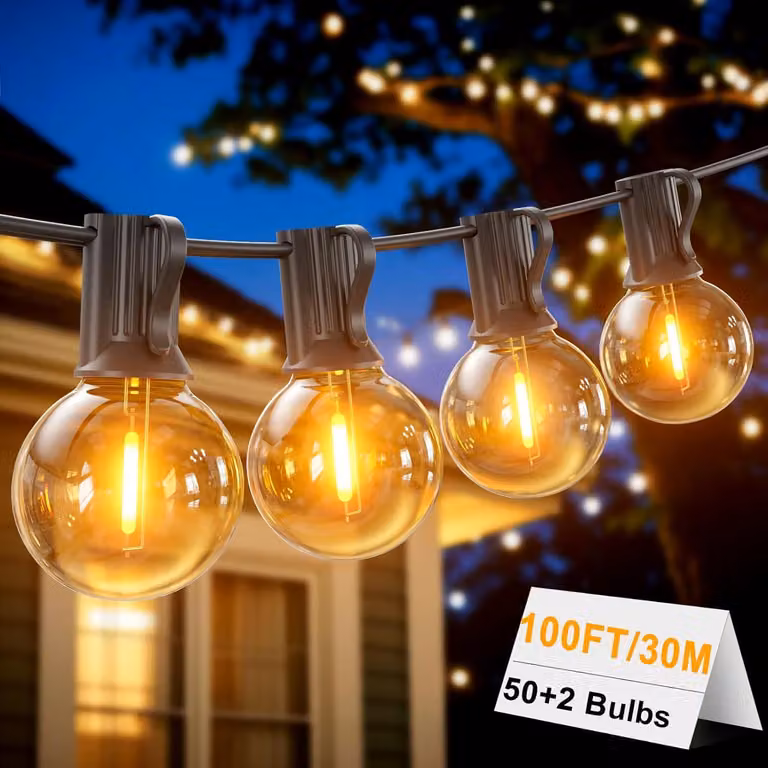 Catena luminosa a LED, 30 metri, 50+2 lampadine G40, 2700K, grado di protezione IP45, luce bianco caldo