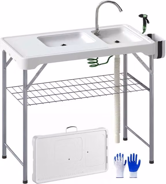 Tavolo da campeggio pieghevole XYLO con 2 lavelli e rubinetto, colore bianco