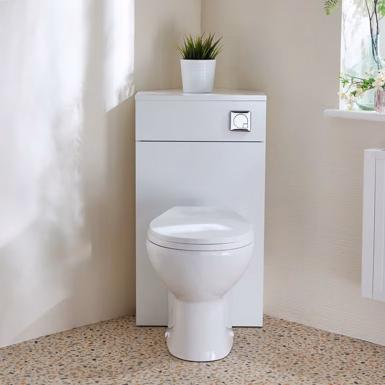 Unità WC Angolare Bianca con Sanitario a Filo Muro Select e Pulsante di Scarico Cromato - Cluo
