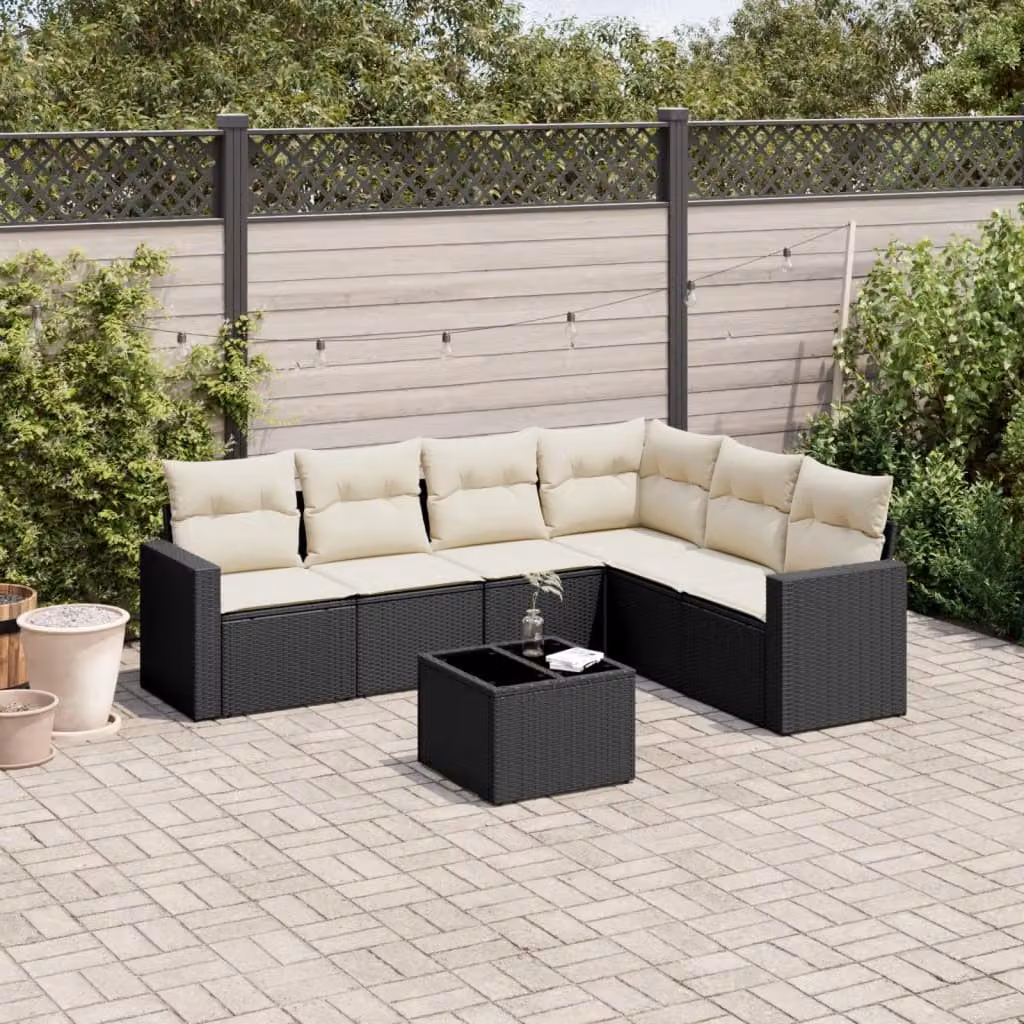 vidaXL Set Divano da Giardino a L con Tavolino e 7 Cuscini, Polyrattan e Metallo, Nero e Bianco – 1