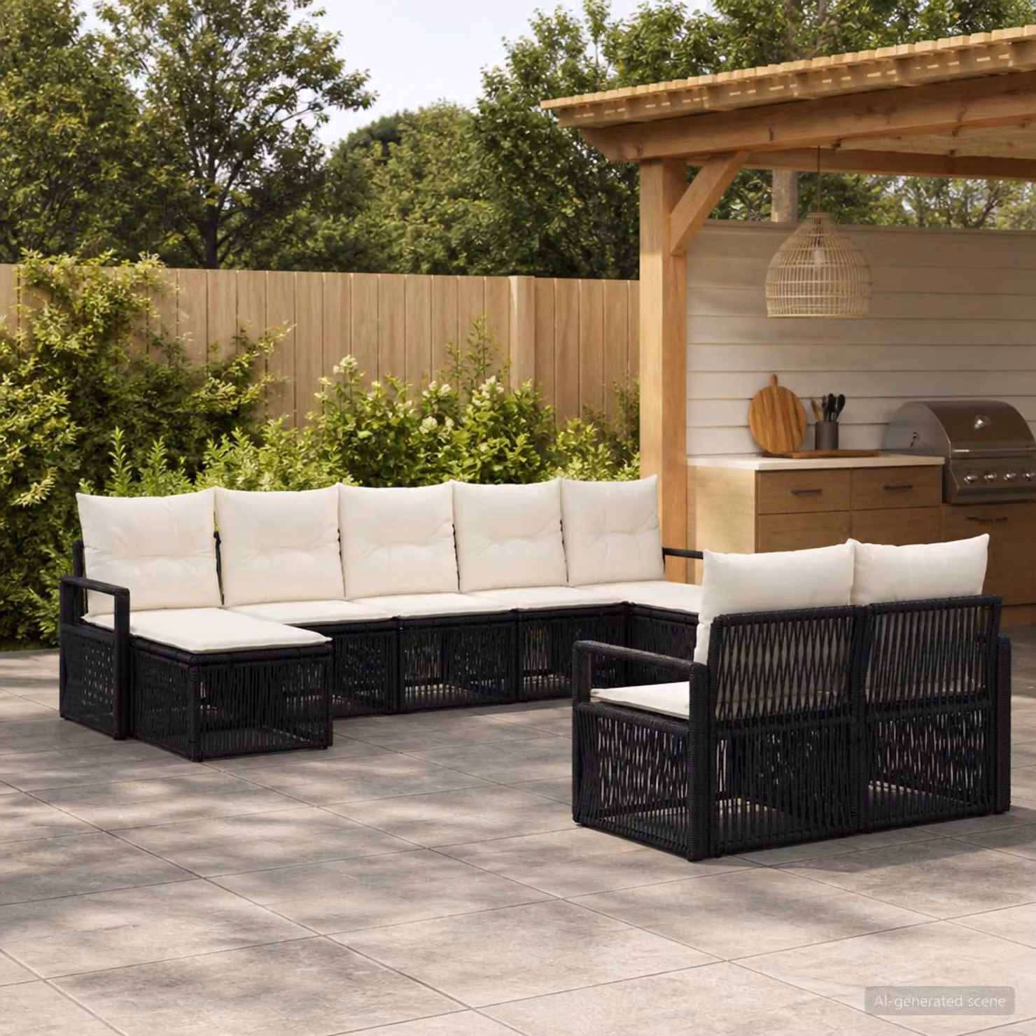 Set Divano da Giardino vidaXL 9 pz Nero con Cuscini e Struttura in Metallo e Polyrattan a Forma a U