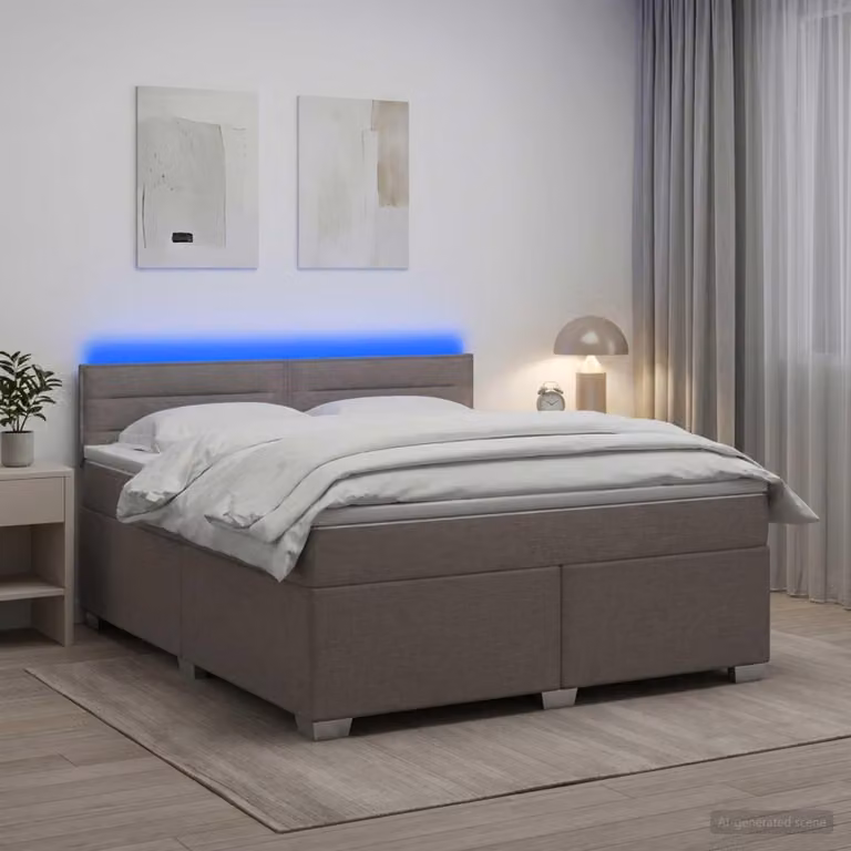 Letto a molle insacchettate "Maison Exclusive" con materasso e illuminazione LED, color taupe, dimensioni 160 x 200 cm, rivestito in tessuto