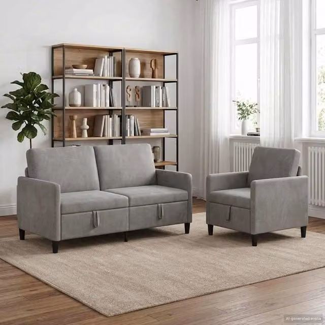Set di 2 divani moderni vidaXL con contenitore a sollevamento, rivestimento in tessuto grigio e coperture rimovibili per il tuo soggiorno