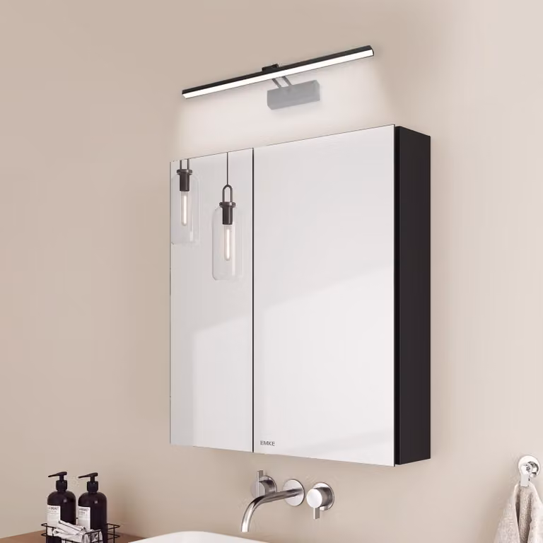 EMKE armadietto a specchio e lampade a specchio, 60x65x14,5 cm 2 ripiani in vetro Armadietto a specchio nero per bagno e applique nere Luce bianca fredda 6500k