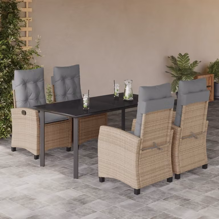 Set Pranzo da Giardino vidaXL in Polyrattan con Cuscini Beige Misto e Tavolo in Vetro, 5 Pezzi