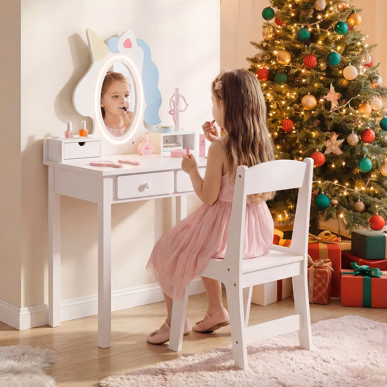 Set da toeletta per bambini Costway con specchio ad unicorno illuminato, tavolino e sgabello, colore bianco