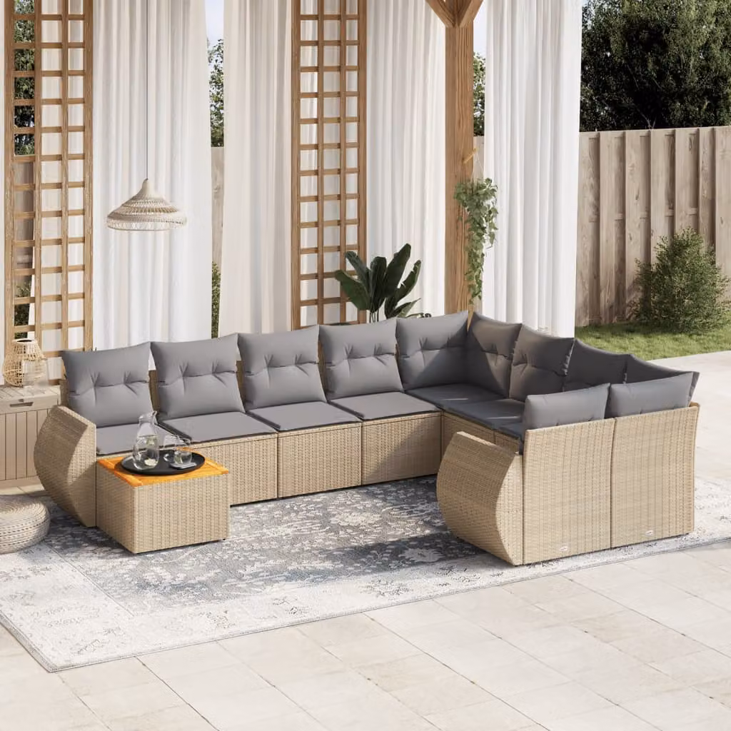 Set Divano da Giardino vidaXL 10 pz in Polyrattan con Cuscini Beige e Tavolino da Esterno – 1
