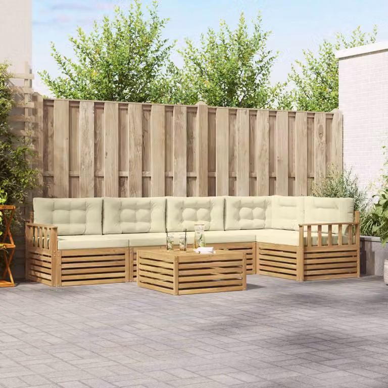 Set di divani da esterno vidaXL a forma di L composto da 6 pezzi con tavolino da caffè, in legno di acacia e tessuto bianco, beige e marrone