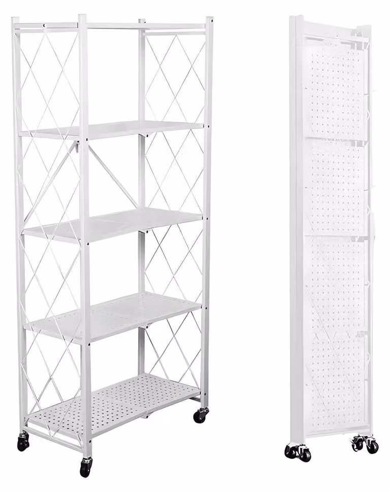 Scaffale pieghevole - 5 ripiani - Portata 100 kg - Ruote girevoli - Per cucina e bagno