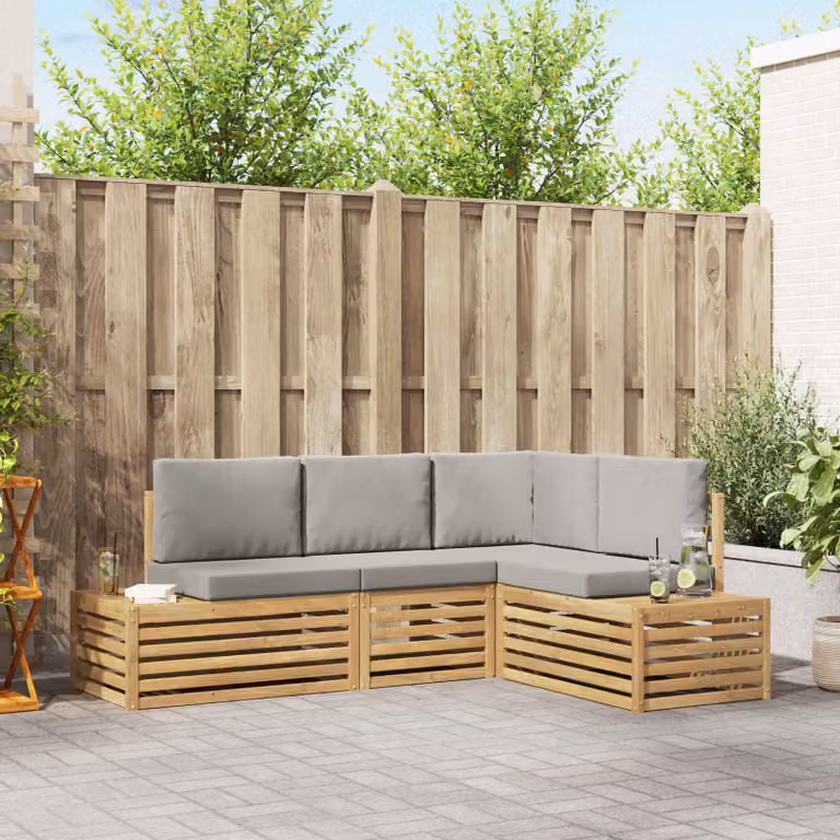 vidaXL Set di divani da esterno a L in legno di acacia con cuscini, Bianco e Grigio