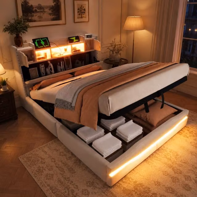 Letto contenitore 140x200 cm; matrimoniale con contenitore idraulico; testiera contenitore; LED; luce sottoletto; USB e Type-C; lino; beige