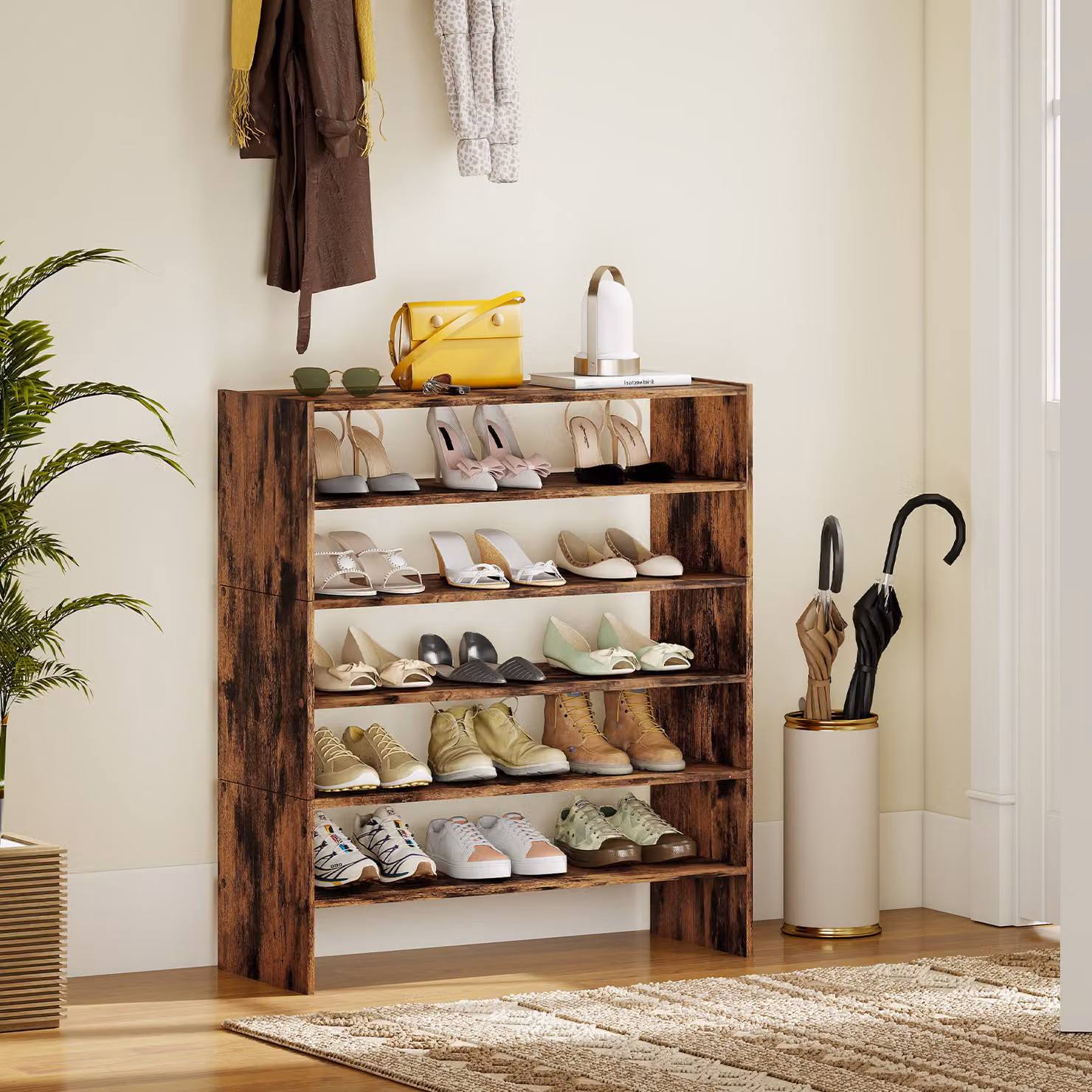 Costway Scaffale per scarpe impilabile a 3 pezzi, Organizer orizzontale a 2 livelli in legno marrone per ingresso e corridoio