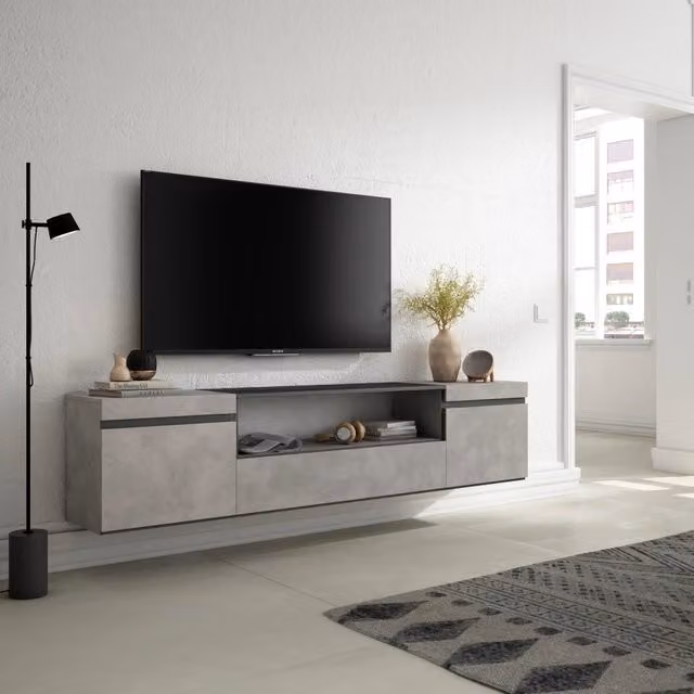 Mobile TV, 200x35x45cm, soggiorno, Per TV fino a 80", da appendere, grigio cemento RF2222