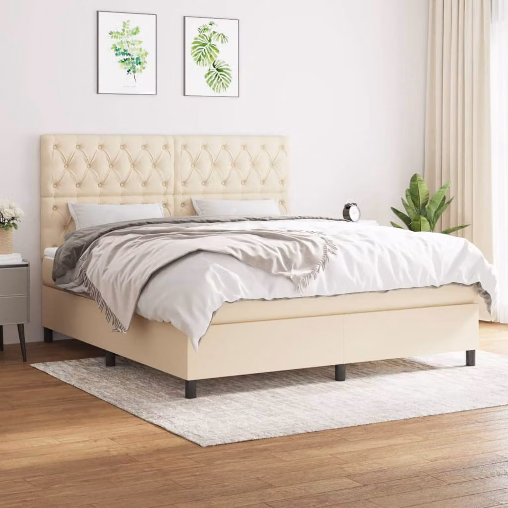 vidaXL Letto Ibrido con Giroletto a Molle e Materasso a Tasche in Tessuto Beige e Bianco L/P/H: 203 x 160 x 128 cm