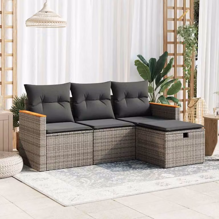 Set di divani da giardino vidaXL in polyrattan grigio con cuscini e pouf a forma di L