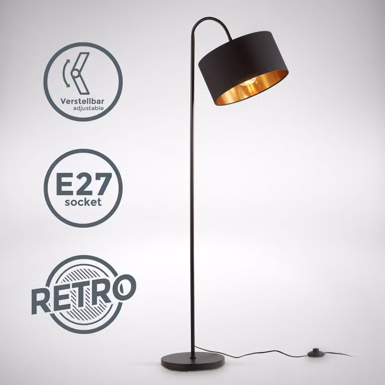 B.K.Licht Lampada da terra con paralume orientabile nero-oro, attacco per lampadina E27 non inclusa, piantana retro con interruttore a pedale, paralume in tessuto Ø30 cm