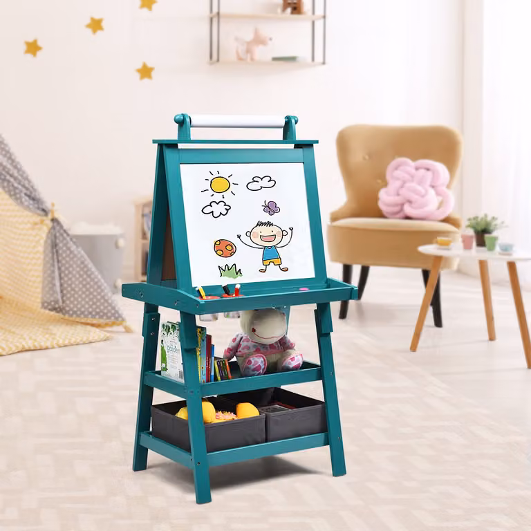 Cavalletto 3 in 1 Costway per bambini con lavagna bianca e nera e rotolo di carta, Blu