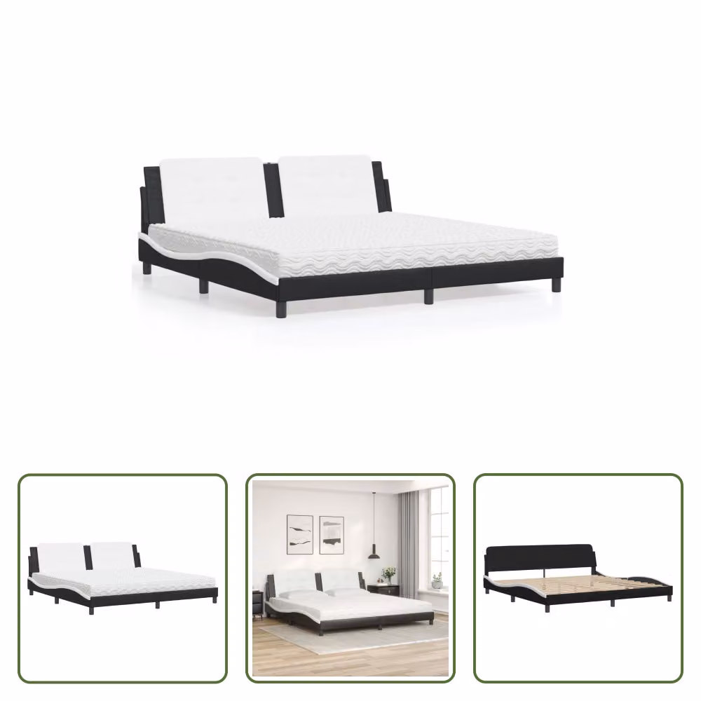 The Living Store Letto con materasso bianco e nero 200x200 cm in ecopelle