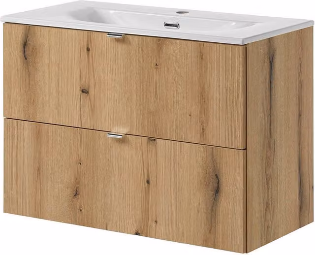 Mobiletto Sottolavabo NEWPORT a 2 Cassetti con Lavabo 80x57x39 cm - Effetto Rovere [en.casa]