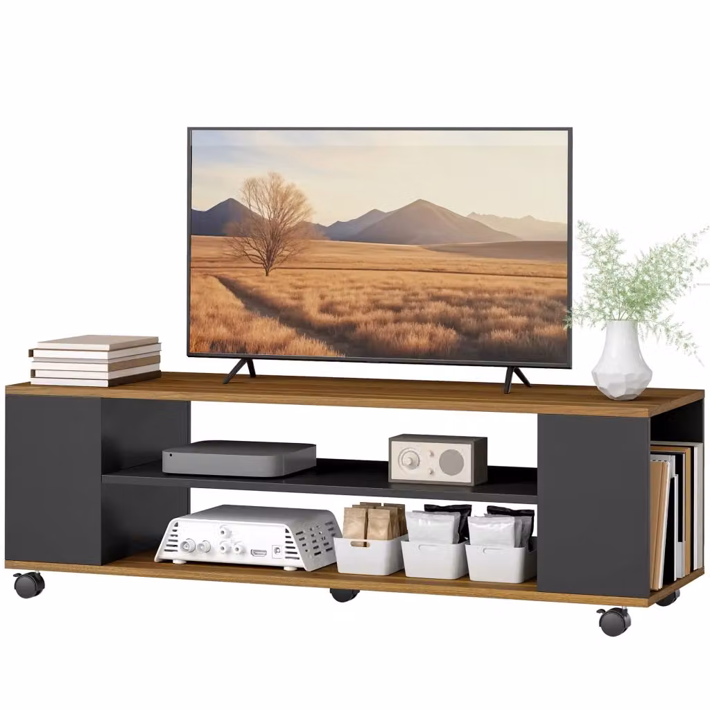 Mobile TV Minimal con 4 Ripiani e Ruote, Colore Nogal Nero, L 120 x P 40 x H 38,5 cm – 2