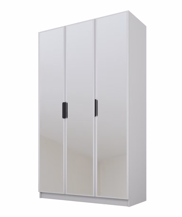 PAWS MOBEL Armadio grigio inclinabile 150x52x200 cm, armadio a tre ante aperto con specchi sui frontali, ripiani e appendiabiti