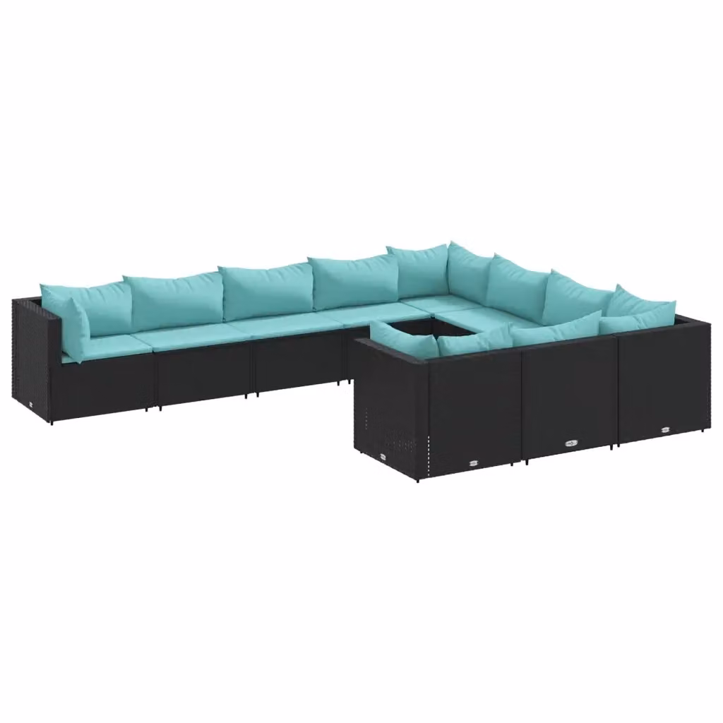 Set di Divani da Giardino vidaXL in Polyrattan Nero e Blu con Cuscini e Struttura in Acciaio Verniciato a Polvere – 2
