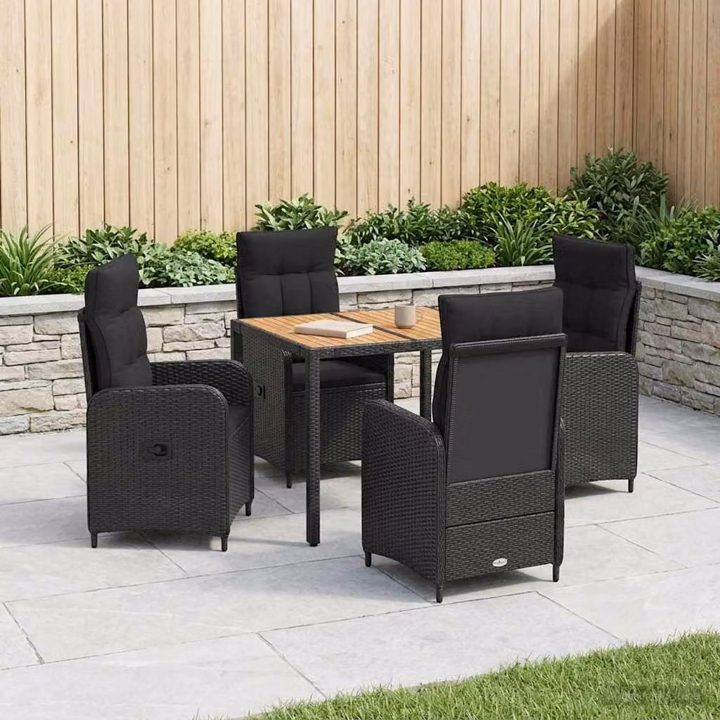 Set da pranzo per esterni vidaXL da 5 pezzi in acciaio nero e legno di acacia per giardino e terrazzo