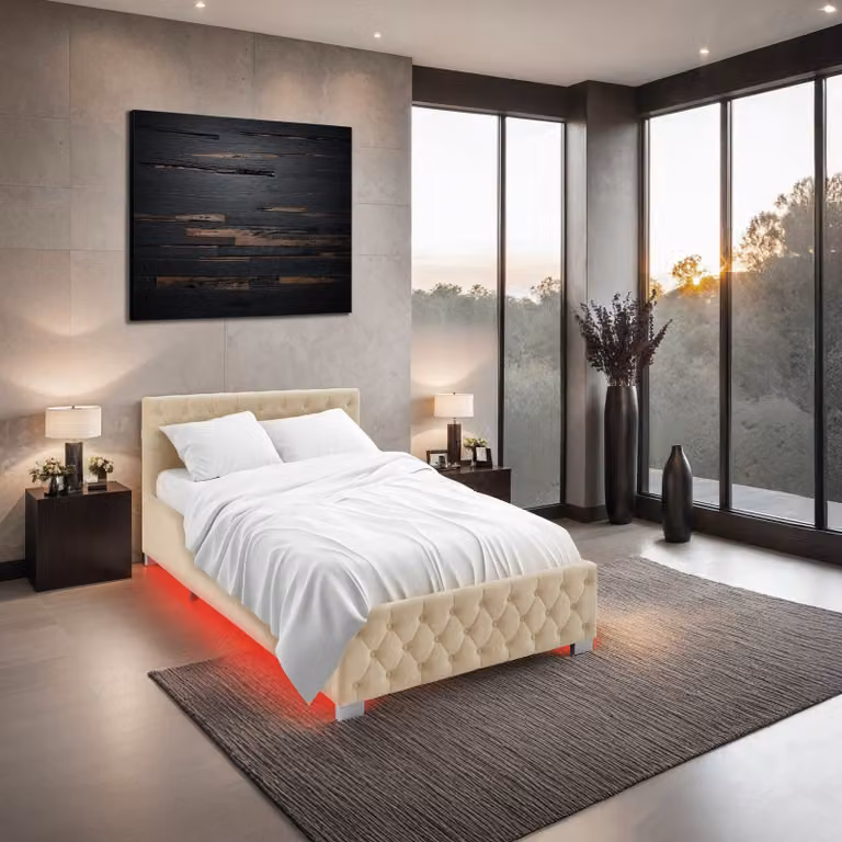 Letto imbottito modello Chesterfield tectake in tessuto beige con illuminazione LED sottostante e contenitore a sollevamento, L/P/H: 140 x 200 x 83 cm