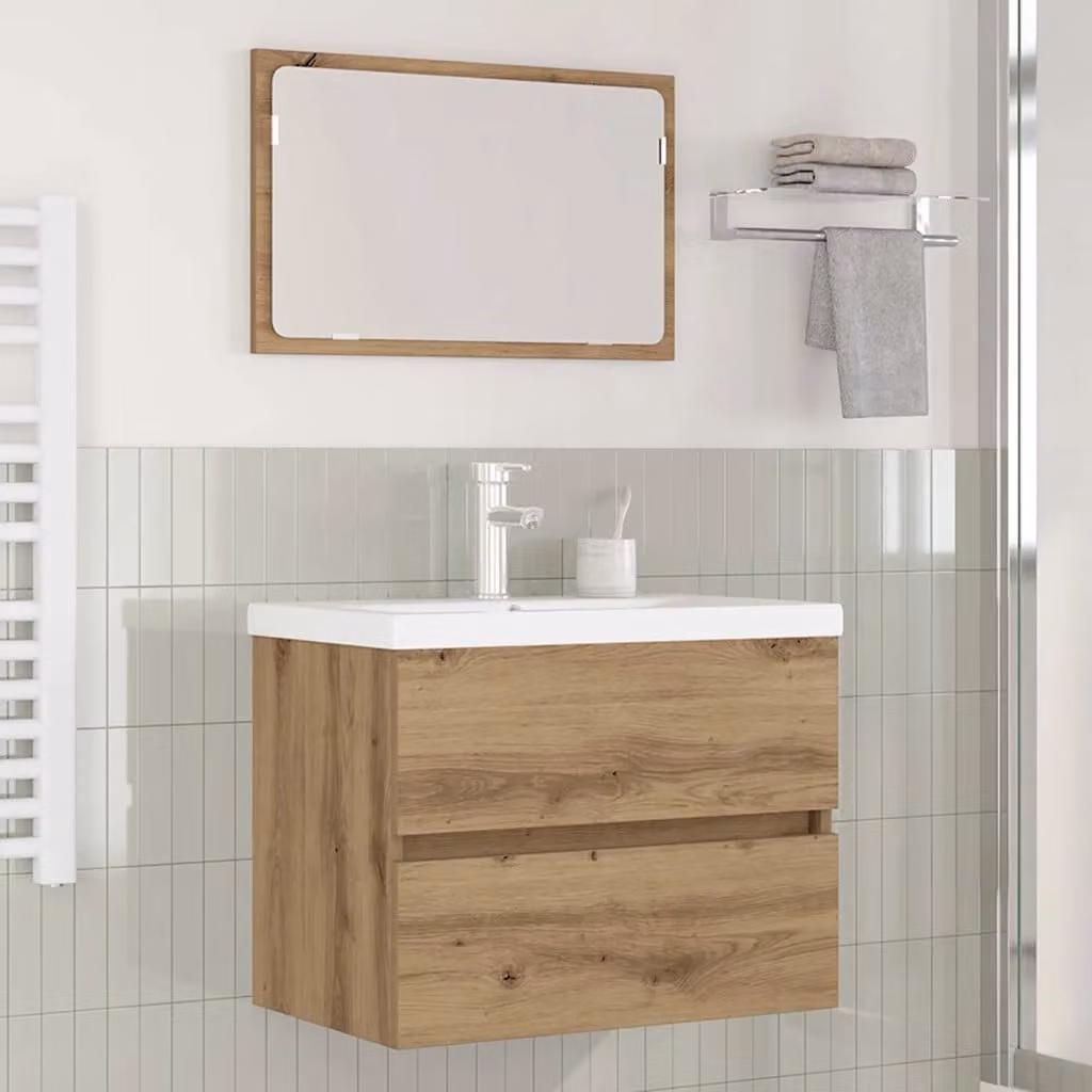 Set di mobili da bagno moderno vidaXL in legno color rovere marrone composto da 3 pezzi con mobile lavabo e armadietto specchio a parete