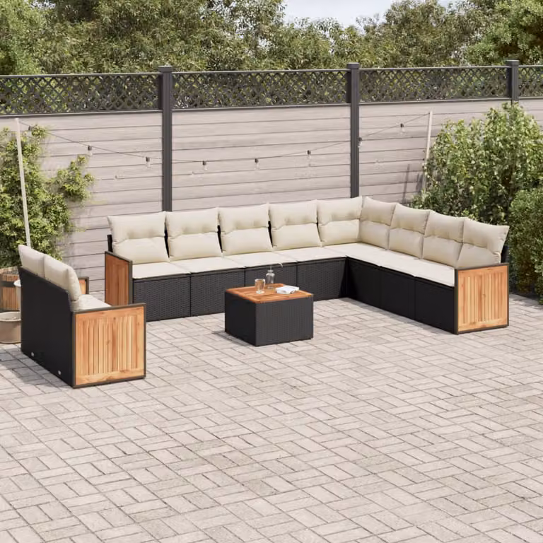 vidaXL Set Divani da Giardino 11 pz in Polyrattan Nero con Cuscini e Tavolino da Esterno a Forma di L