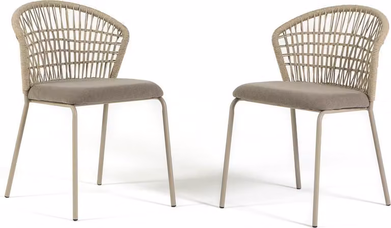 Set di 2 sedie con struttura in metallo color champagne, schienale in corda intrecciata e cuscino di seduta imbottito, design elegante e naturale per cucina, sala da pranzo, ufficio, bar e ristoranti - STACEY