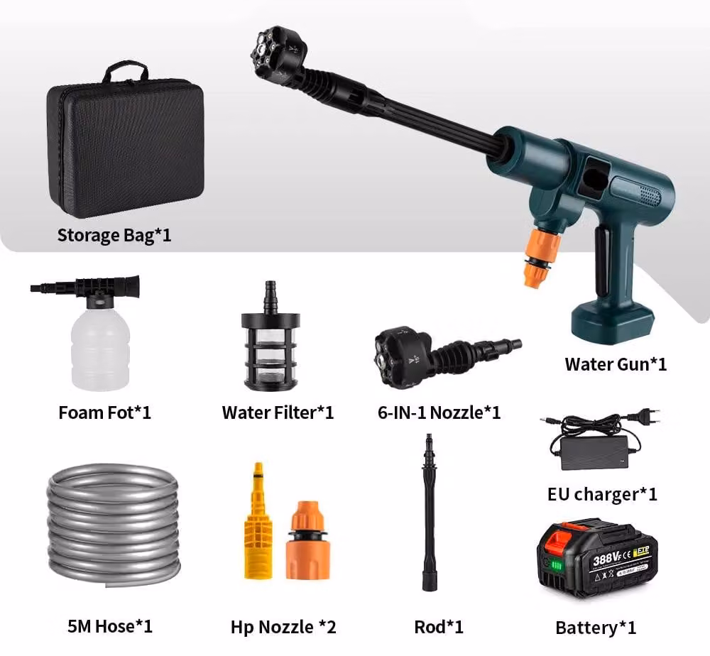 Idropulitrice - Pulitore per terrazze - Senza fili - 3500W - 200 bar - Pistola multifunzione 6 in 1 - 1 batteria