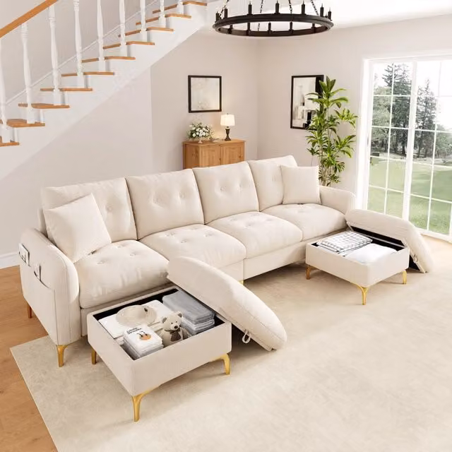 Divano panoramico modulare MIVRAY a 4 posti in ciniglia beige con 2 pouf contenitore e tasca laterale L/P/H: 263 x 137 x 85 cm