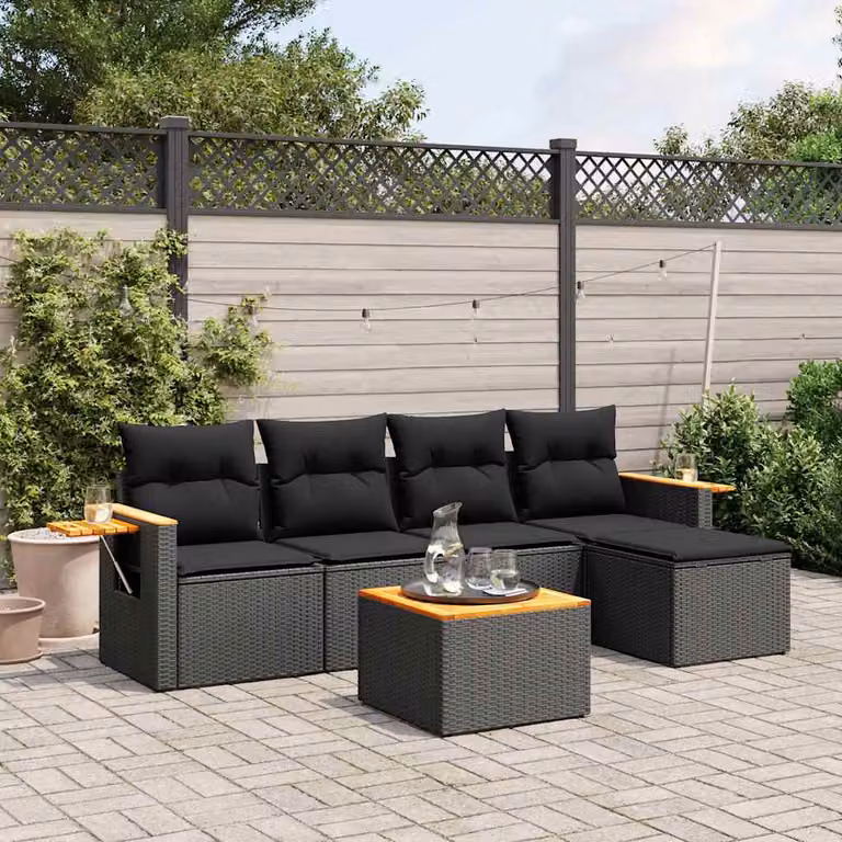 vidaXL Set Divano da Giardino 6 pz a L con Cuscini Nero in Polyrattan e Legno di Acacia