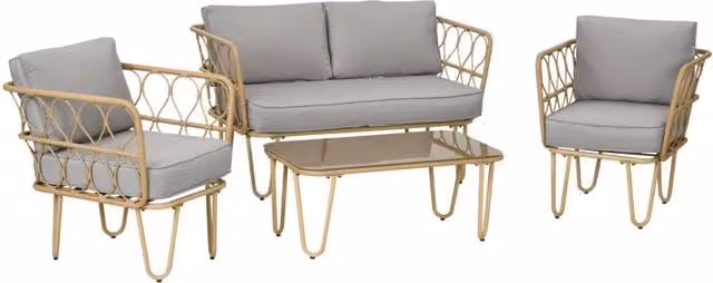 Set da Giardino Divano 2 Poltrone e Tavolino in Rattan PE Giallo