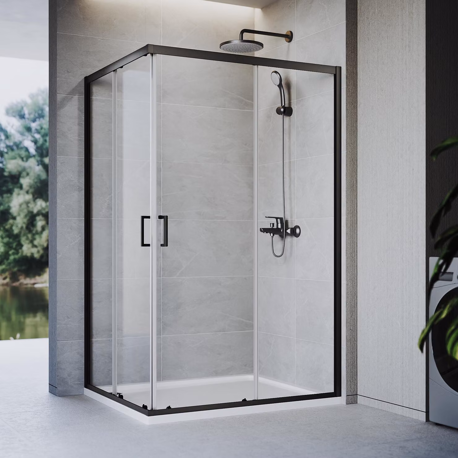 Cabina doccia SONNI 100 x 100 x 185 cm nero opaco, porta scorrevole con binario superiore e inferiore, vetro da 5 mm, telaio della porta con possibilità di regolazione di 20 mm