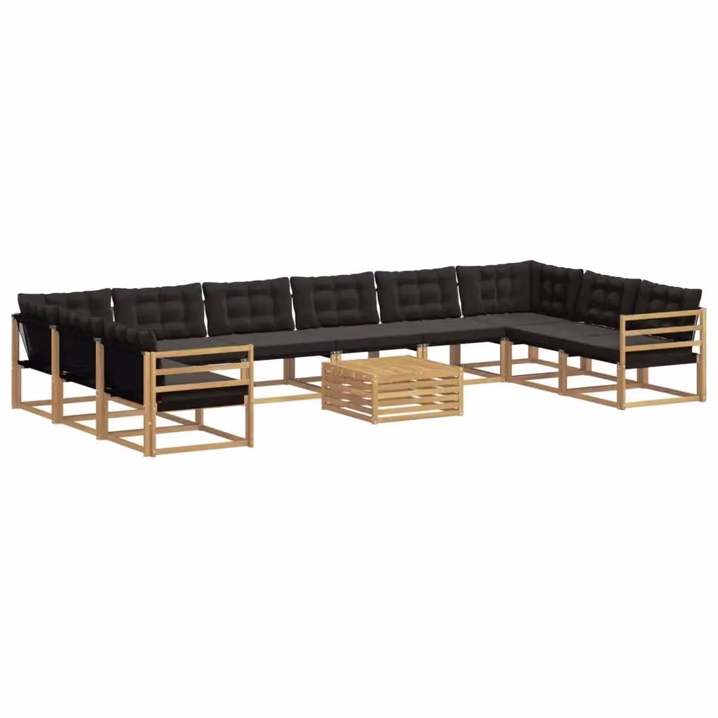 Set di divani da esterno a forma di U vidaXL in legno di acacia con tavolino e cuscini Bianco e Nero 11 pz – 2