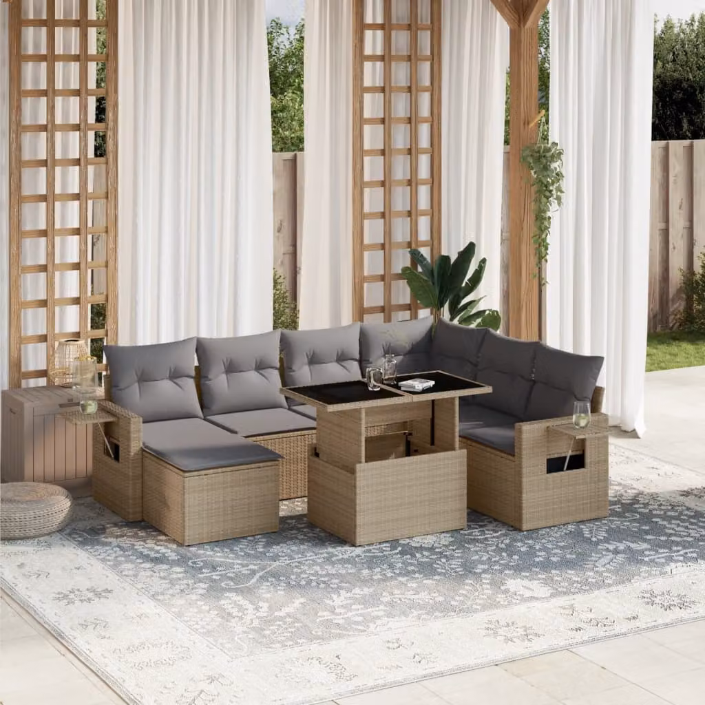 vidaXL Set Divano da Giardino 8 pz a Forma a L con Cuscini Beige e Grigio in Polyrattan e Acciaio Verniciato a Polvere – 1