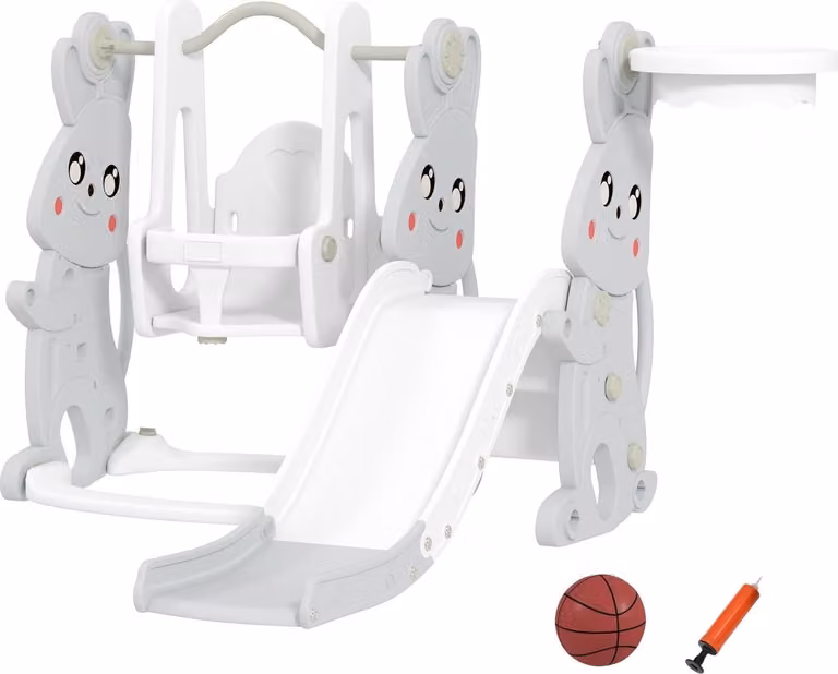 Scivolo 4 in 1 per bambini con altalena, struttura per arrampicata, canestro da basket, parco giochi per bambini con design a coniglio Scivolo per bambini per interni ed esterni di 1,5-4 anni Grigio Aosom