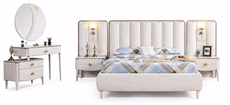 Camera da letto: letto, comodini, design. Set completo con comò e specchio