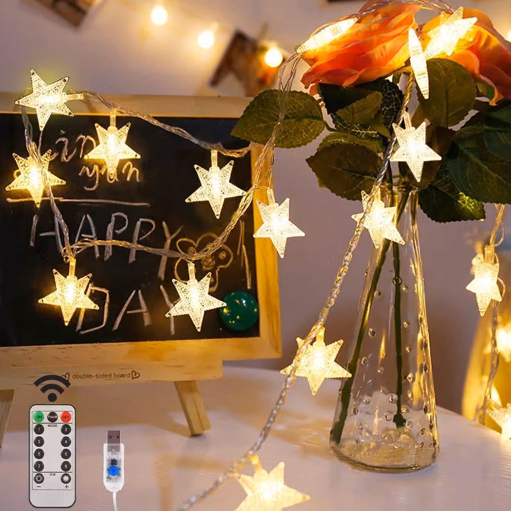 Catena luminosa a LED, 80 LED, 10 metri, luce bianco caldo, 8 modalità, alimentazione USB, con telecomando