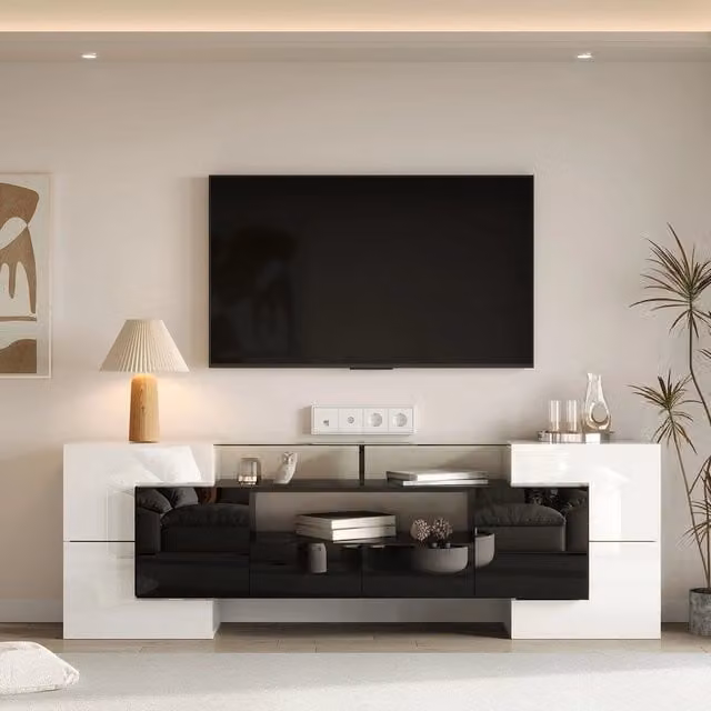 Mobile TV Basso ¨C Xylo ¨C Bianco Lucido e Nero, LED, Vetro, 200 cm