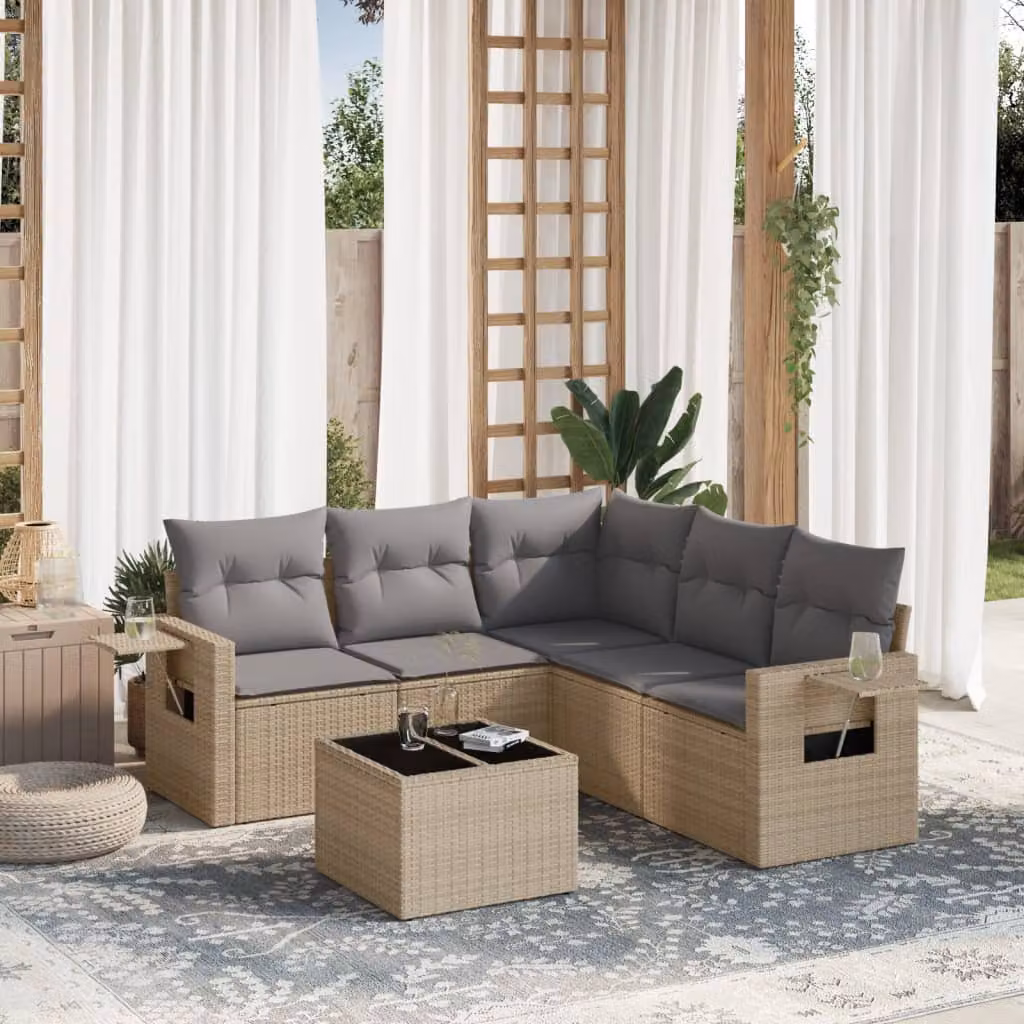 Set Divano da Giardino a L vidaXL in Polyrattan Beige con 6 Pezzi e Cuscini Imbottiti – 1