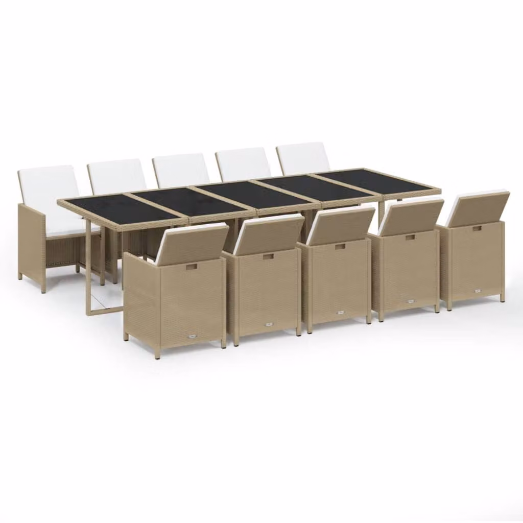 Set da Pranzo da Giardino 11 pz con Cuscini in Polyrattan Beige