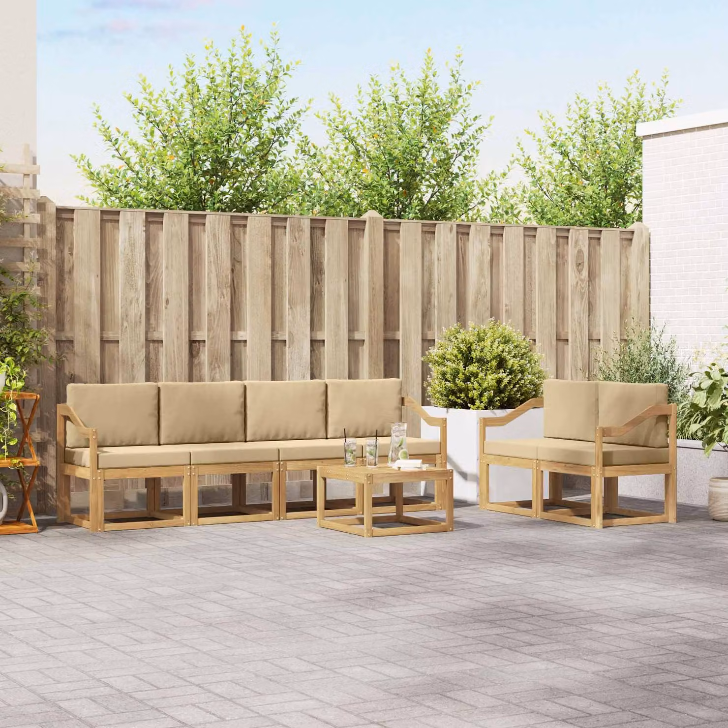 Set di divani da esterno vidaXL 7 pz in legno di acacia con cuscini Bianco e Beige
